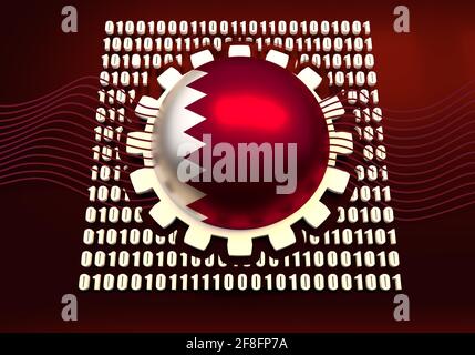 Binary code background with gear and flag of the Qatar. Algorithm binary, data code, decryption and encoding. 3D rendering Stock Photo