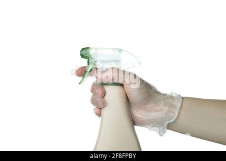 Female hand in disposable glove hold sprayer, isolated on white background Stock Photo