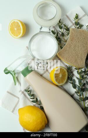Cleaning concept with eco friendly cleaning tools on white background Stock Photo