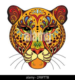 Head of leopard with doodle and zentangle elements. Abstract vector colorful illustration isolated on white background. For design, print, decor, tatt Stock Vector