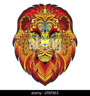 Head of lion with doodle and zentangle elements. Abstract vector colorful illustration isolated on white background. For design, print, decor, tattoo, Stock Vector