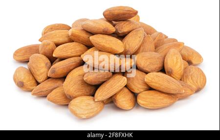 Heap of roasted almond nuts isolated on white background Stock Photo