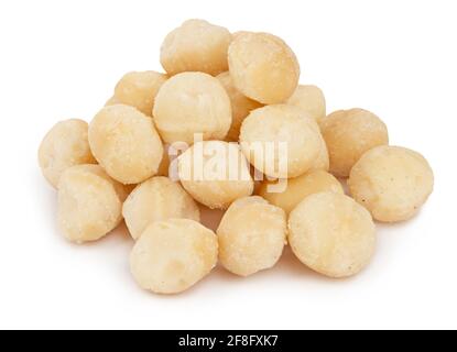 Heap of healthy macadamia nuts isolated on white background Stock Photo