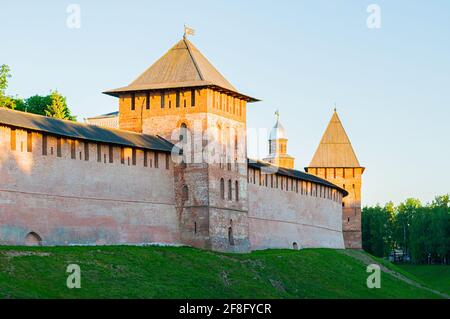 Veliky Novgorod Kremlin fortress, Zlatoust, Prince and Kokui towers in Veliky Novgorod, Russia - architectur landscape Stock Photo