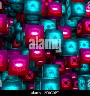 Mystical geometry shining symbols flying cubes. Linear alchemy, occult, philosophical signs. Astrology and religion concept. 3D rendering Stock Photo