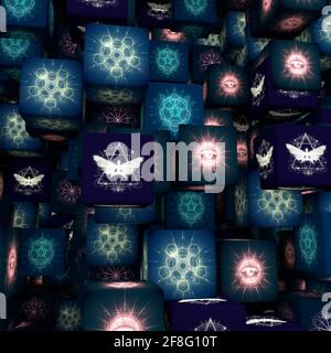 Mystical geometry shining symbols flying cubes. Linear alchemy, occult, philosophical signs. Astrology and religion concept. 3D rendering Stock Photo