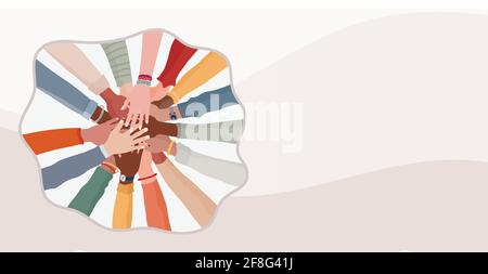Group hands on top of each other of diverse multi-ethnic and multicultural people.Diversity people. Concept of teamwork community and cooperation Stock Vector