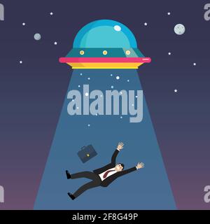 Businessman abducted by UFO. Flat style vector illustration Stock Vector
