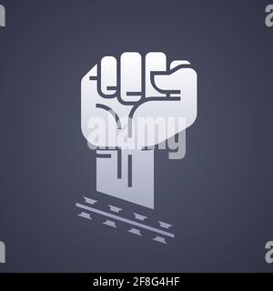 Fist logo with the razor wire symbol is in the vertical position. The silver logo is isolated on a dark blue background. Flat vector illustration Stock Vector