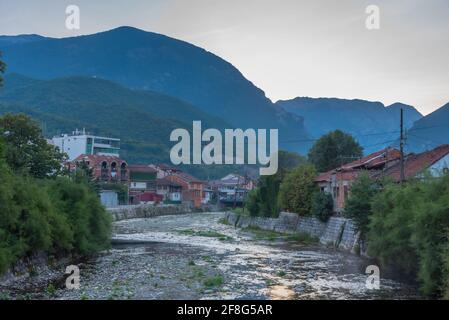 Bistrica river flowing through center of Peja in Kosovo Stock Photo