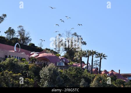 Palais Bulles of Antti Lovag in Théoule-sur-Mer, France on April 13, 2021. Palais Bulles ('Bubble Palace') is a large house in Théoule-sur-Mer, near Cannes, France, that was designed by the Hungarian architect Antti Lovag, and built between 1975 and 1989. It was built for a French industrialist, and was later bought by the fashion designer Pierre Cardin as a holiday home. The 1,200 m² villa, in March 2017, it was listed for sale with an asking price of € 350 million. Photo by Lionel Urman/ABACAPRESS.COM Stock Photo