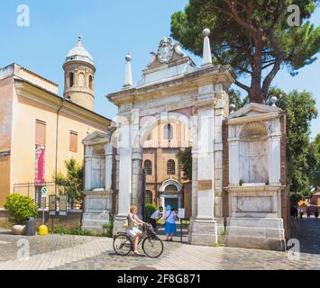 Ravenna, Ravenna Province, Italy.  Entrance to 6th century Basilica di San Vitale and the Mausoleum of Galla Placidia which are part of Ravenna's UNES Stock Photo