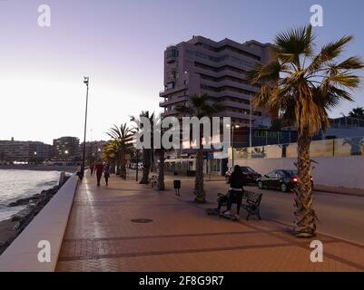 Paseo Maritimo - Seaside promenade of Fuengirola at dusk, Malaga province, Andalusia, Spain. Stock Photo