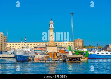 View of the port of Barcelona with Torre del Rellotge tower, Spain Stock Photo