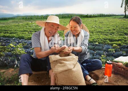 Peasant couple sat in the fields Stock Photo