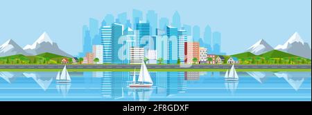 Landscape with buildings, mountains Stock Vector