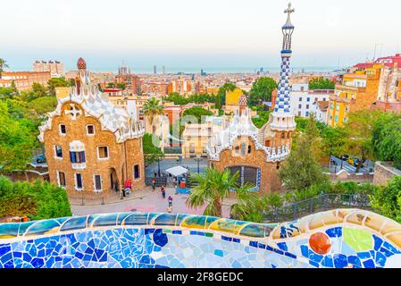 Sunset view of Parc Guell in Barcelona, Spain
