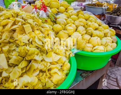 Disgusting unfamiliar Thai food and Chinese cuisine in street food market in China Town Bangkok Thailand. Stock Photo