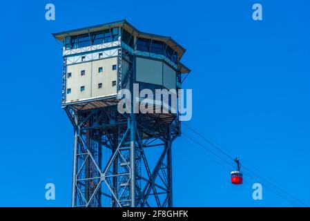 Cable car connecting Barceloneta beach and Montjuic castle in Barcelona ...