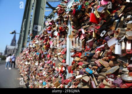 COLOGNE, GERMANY - SEPTEMBER 22, 2020: Love padlocks of Hohenzollern Bridge (Hohenzollernbrucke) in Cologne city, Germany. Stock Photo