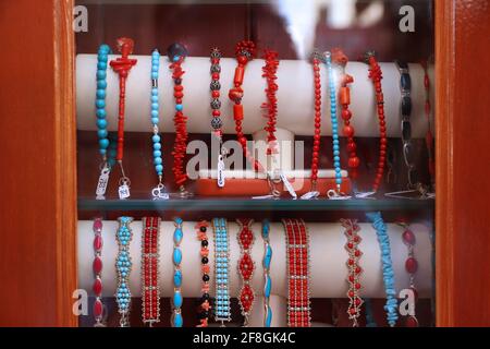 Coral jewellery in Croatia. Jewelry store window display in Korcula. Stock Photo