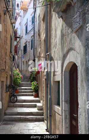 Croatia Korcula Town. Medieval fortified city on Korcula island. Narrow quaint streets. Stock Photo