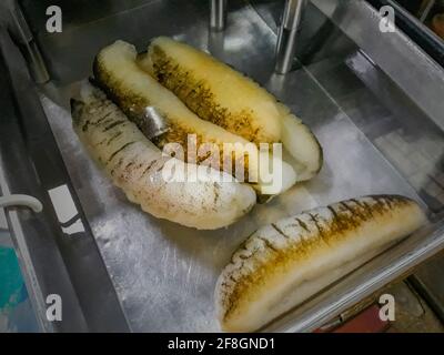 Disgusting unfamiliar Thai food and Chinese cuisine in street food market in China Town Bangkok Thailand. Stock Photo