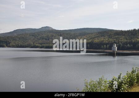 View of the drinking water supply with intake tower in Frauenau Stock Photo