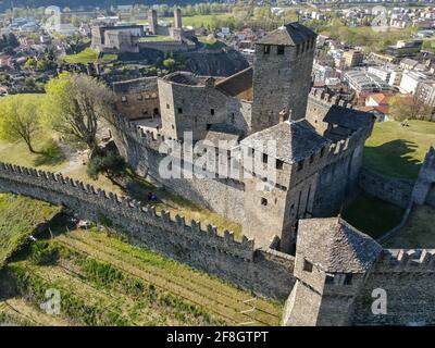 Aerial view at Montebello and Castelgrande castles at Bellinzona on the Swiss alps, Unesco world heritage Stock Photo