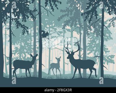 Deer with doe and fawn in magic misty forest. Squirrel on branch. Silhouettes of trees and animals. Blue background, illustration. Stock Vector