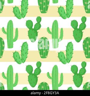 Seamless background with cacti. Various cacti on the sand. Succulents in a scattered, repeating pattern. Desert Evergreens. Vector. Stock Vector
