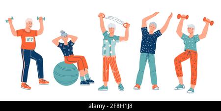 Elderly senior active people cartoon characters doing sport exercises, flat vector. Stock Vector