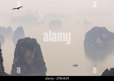 Aerial view over misty Ha Long Bay, North Vietnam Stock Photo