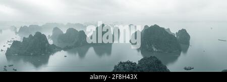 Aerial view over misty Ha Long Bay, North Vietnam Stock Photo