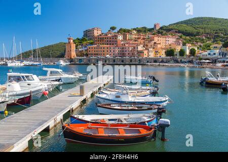 Village of Rio Marina, harbour and moroings on the Island of Elba Stock Photo