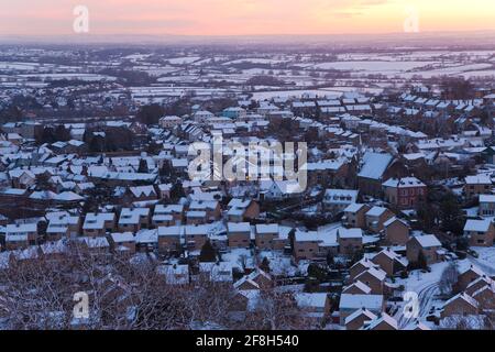Aerial view of the Cotswold town of Wotton Under Edge in the snow, Gloucestershire, United Kingdom Stock Photo