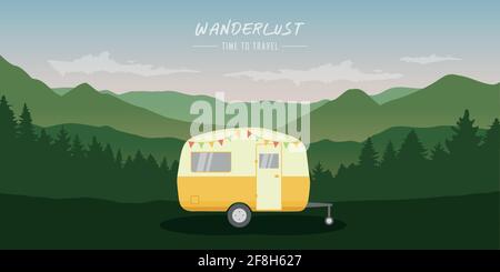 wanderlust camping adventure in the wilderness with camper Stock Vector