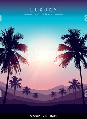 beautiful sunset on tropical palm tree silhouette background Stock Vector