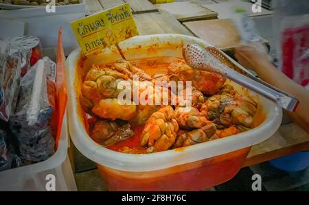 Disgusting unfamiliar Thai food and Chinese cuisine in street food market in China Town Bangkok Thailand. Stock Photo