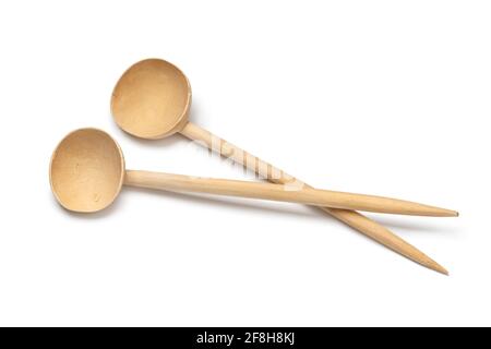 Pair of traditional vintage wooden Moroccan harira spoons isolated on white background Stock Photo