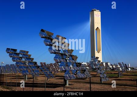 PS10 Solar Power Plant, Planta Solar 10, is the world's first commercial concentrating solar power tower operating in Sanlucar la Mayor near Seville, Stock Photo