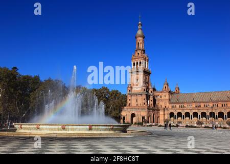 The Plaza de Espana, Spain Square, a plaza located in the Parque de Mar?a Luisa, Maria Luisa Park, in Seville, Spain, Andalusia, the north tower Torre Stock Photo