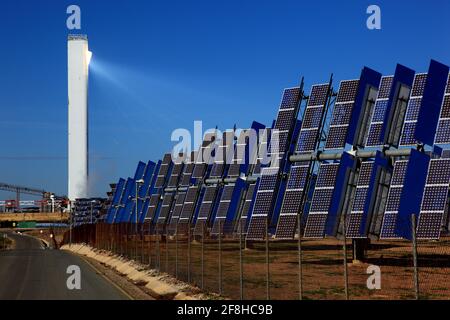 PS10 Solar Power Plant, Planta Solar 10, is the world's first commercial concentrating solar power tower operating in Sanlucar la Mayor near Seville, Stock Photo