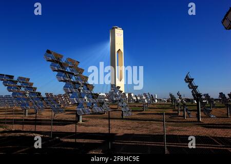 PS10 Solar Power Plant, Planta Solar 10, is the world's first commercial concentrating solar power tower operating in Sanlucar la Mayor near Seville, Stock Photo