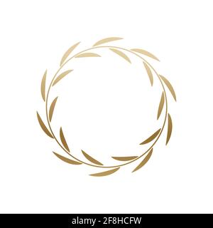 Golden laurel wreath round frame. Ring with gold leaves, circle award logo or emblem vector illustration. Roman circular badge for anniversary, weddin Stock Vector