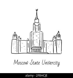 Hand drawn doodle sketch of Moscow landmarks. Lomonosov Moscow State Univercity. black line on white background. Stock Vector