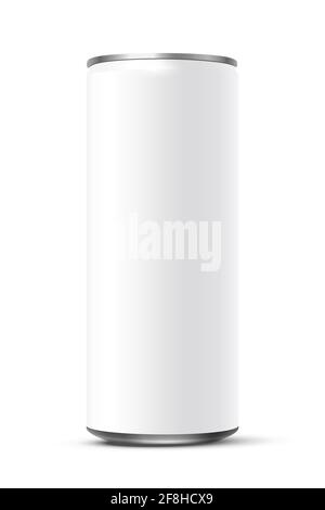 Blank white beer or soda can. 3d aluminium or tan mockup vector illustration. Energy drinks, alcohol, cider, juice packaging logo design isolated on w Stock Vector