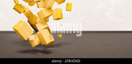 shipping boxes falling on empty room with copy space. Stock Photo