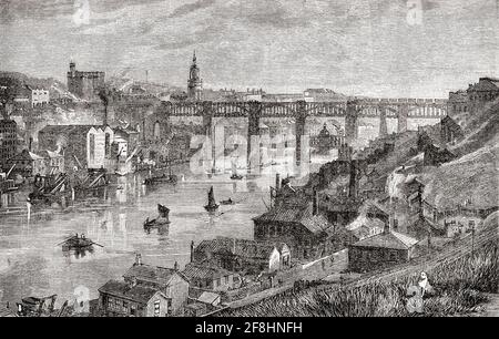 The High Level Bridge and Swing Bridge over the River Tyne,  Newcastle-on-Tyne, England, seen here in the late-19th century.  From Great Engineers, published c.1890 Stock Photo