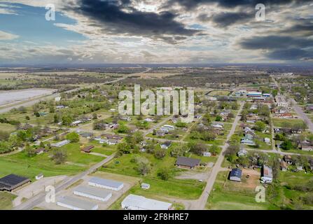 Landscape scenic aerial view of a suburban settlement in USA with a beautiful town detached houses the Stroud Oklahoma US Stock Photo